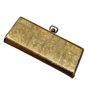 Vintage Gold Tone Floral Etched Metal Vanity Trinket Case Lined Formal Dinner